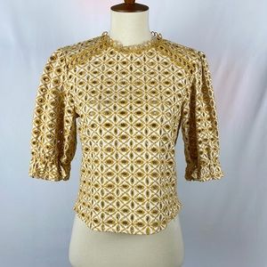 Broadway 38 Gold and Cream Eyelet Cropped Style Short Sleeve Blouse - Size Small